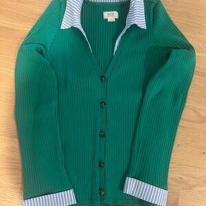 Green Ribbed Cardigan with Striped Collar